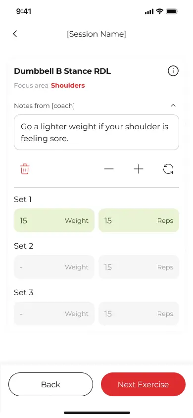Exercise screen — superset example
